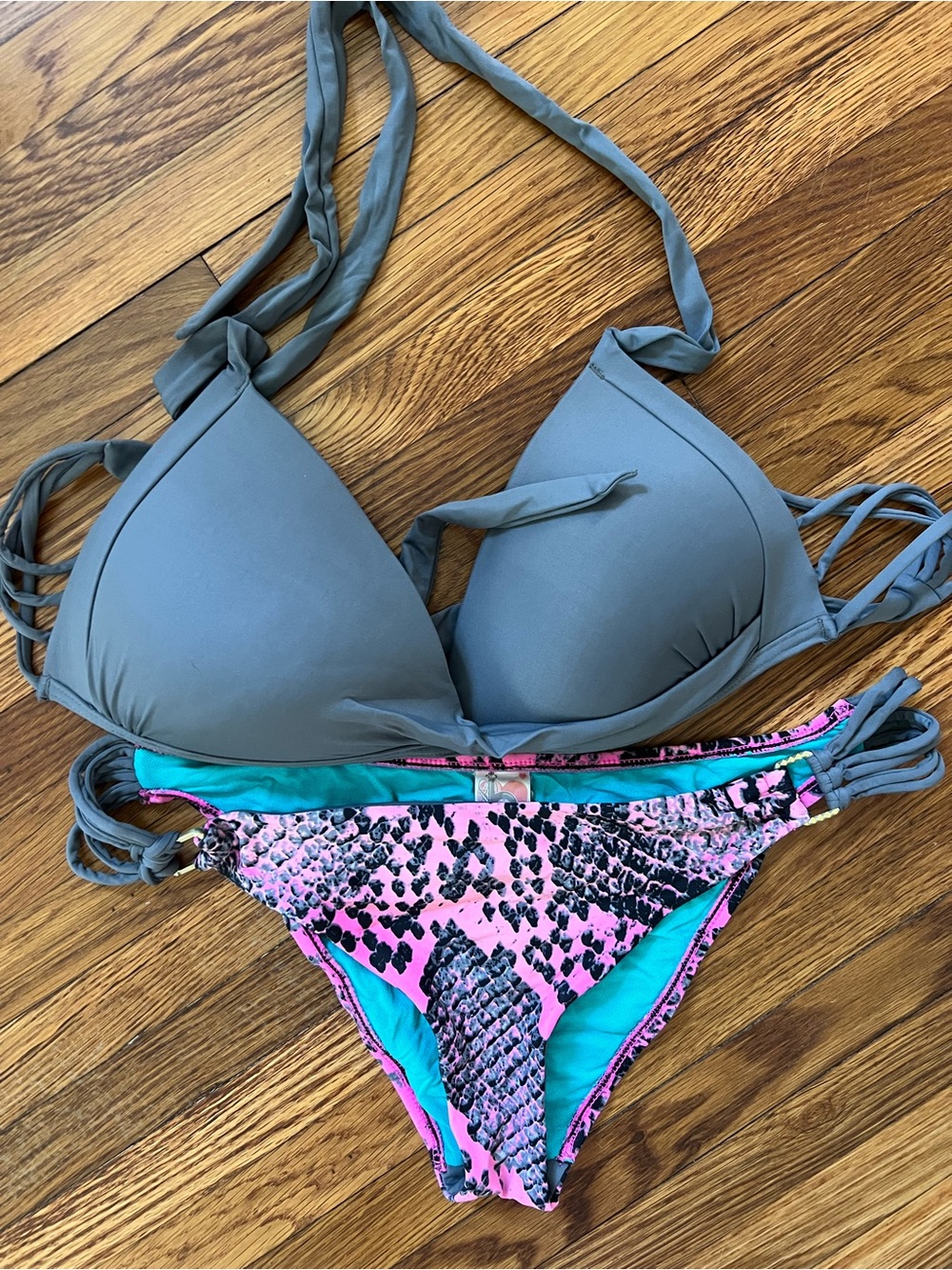 B Swim Gray Halter Bikini Top with Pink Teal Snake-Print Bottom - Size M